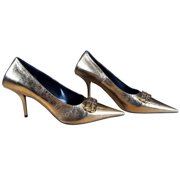 Balenciaga Shoes - Balenciaga Square Knife Pump Gold Pointed Toe Heels Size 37